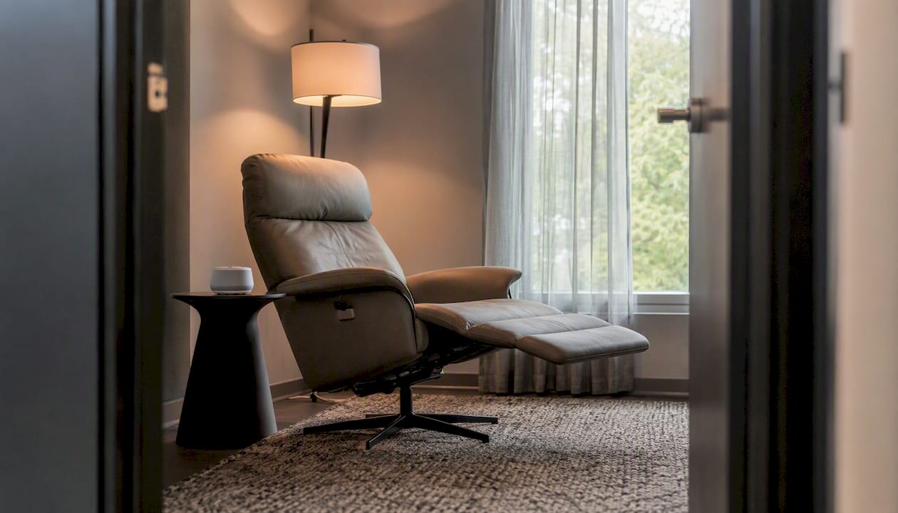 Private wellness room with lounge chair and dim light