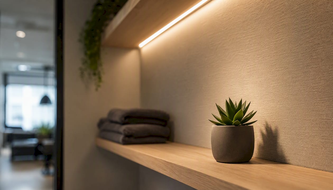 Warm dim lighting in calm wellness room corner