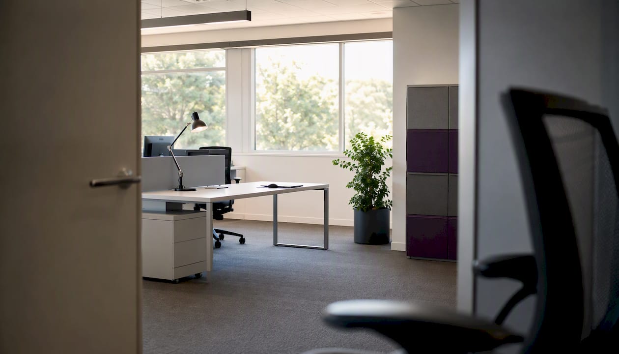 Modern office layout with desk and storage details