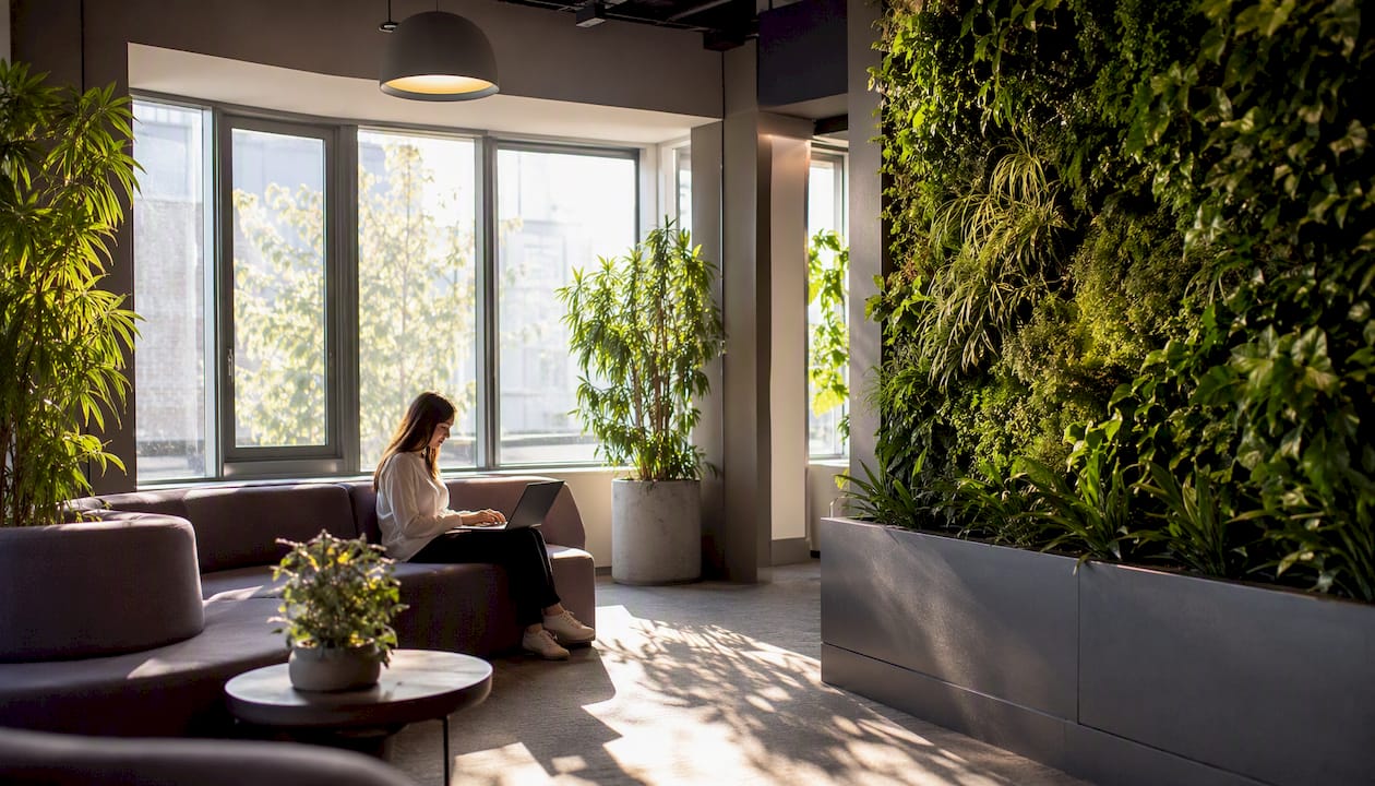 Office corner with living green wall and seating