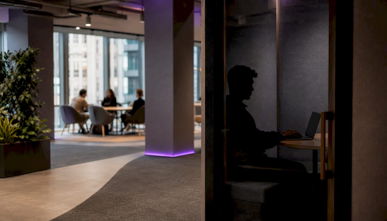 Office space with distinct activity zones and acoustic panels