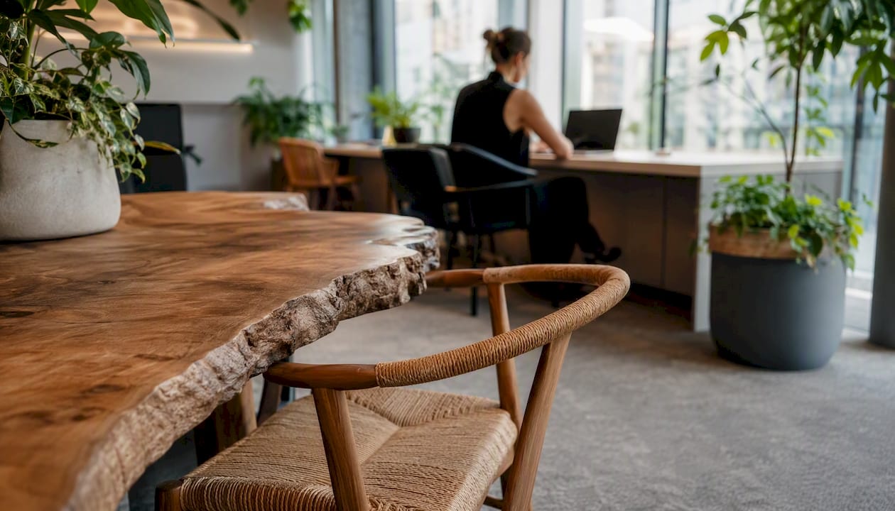 Office corner with daylight and clustered greenery