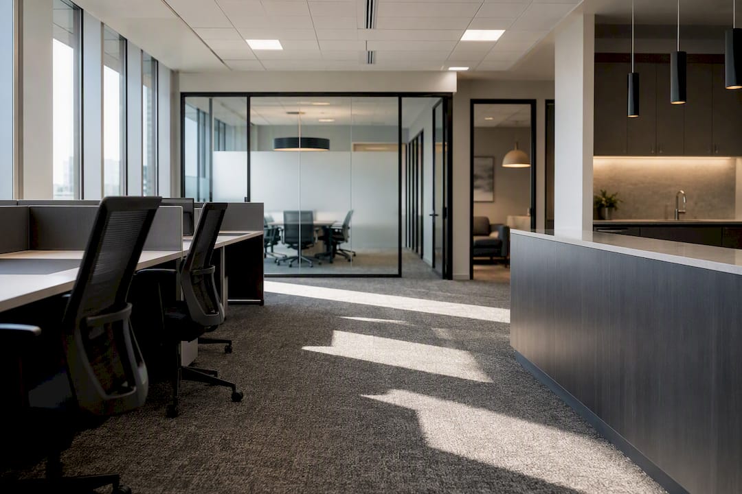 Wide view of a modern small office layout