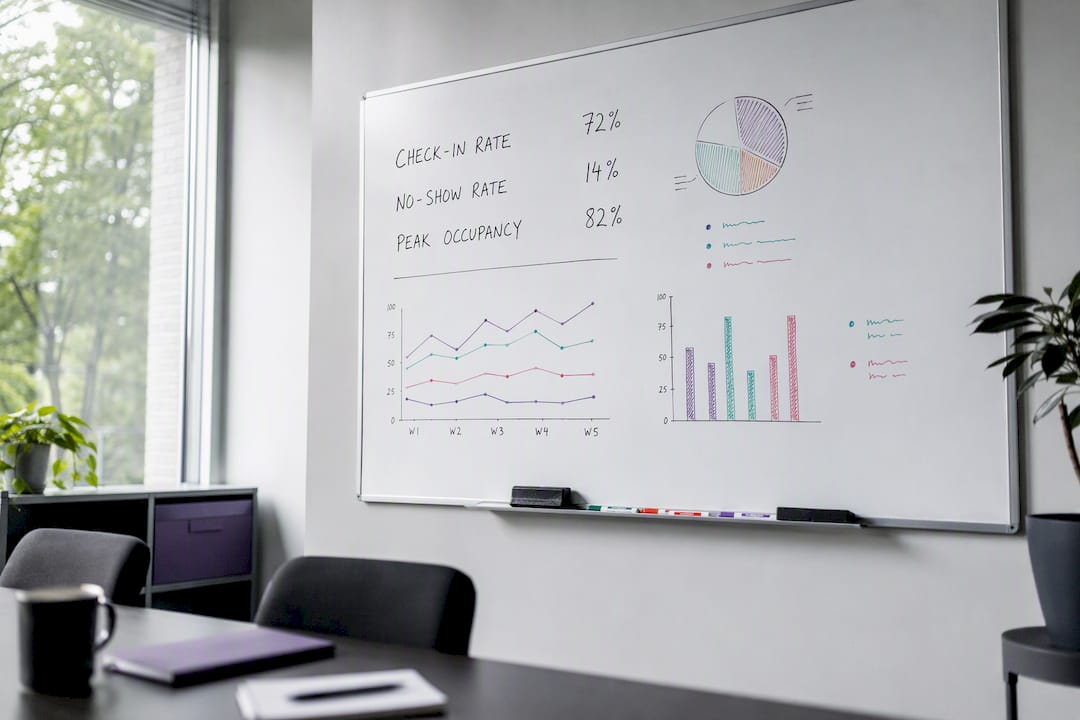 Whiteboard with hot desking metrics
