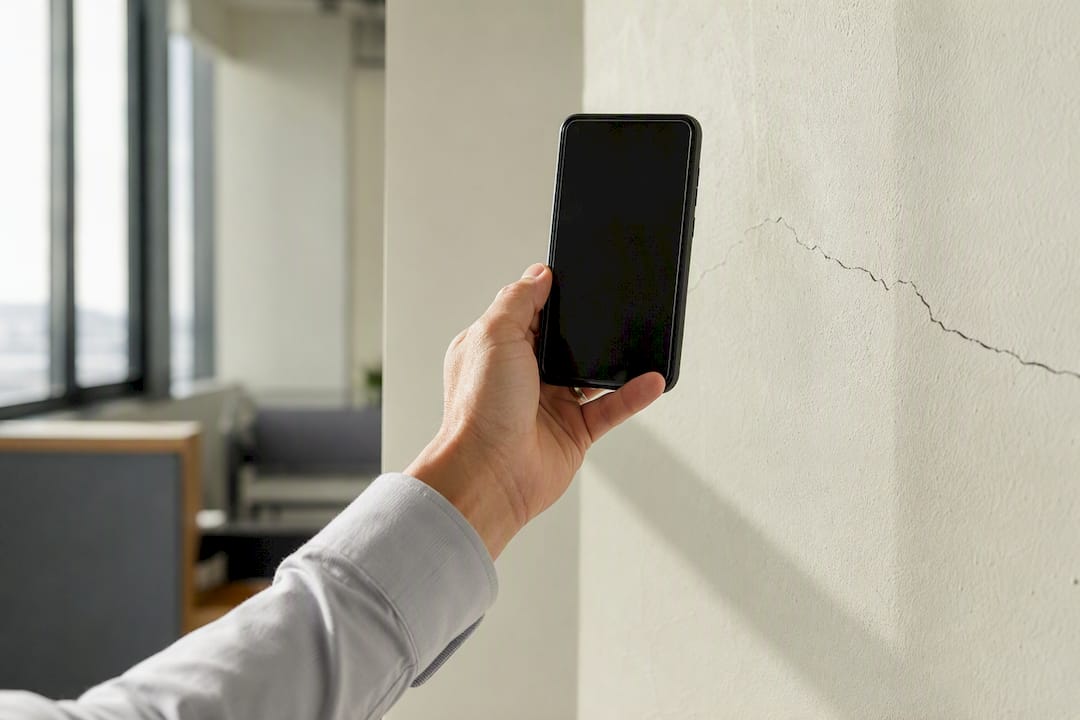 Hand taking photo of wall crack defect