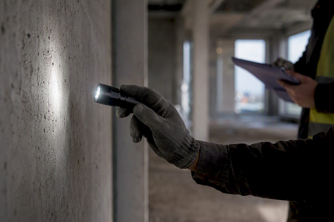 Hands inspecting office wall for defects
