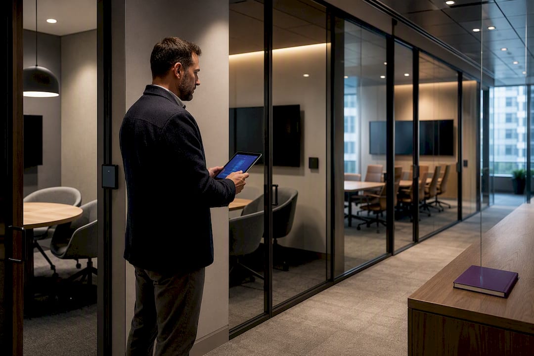 Standardised meeting rooms viewed through workplace corridor