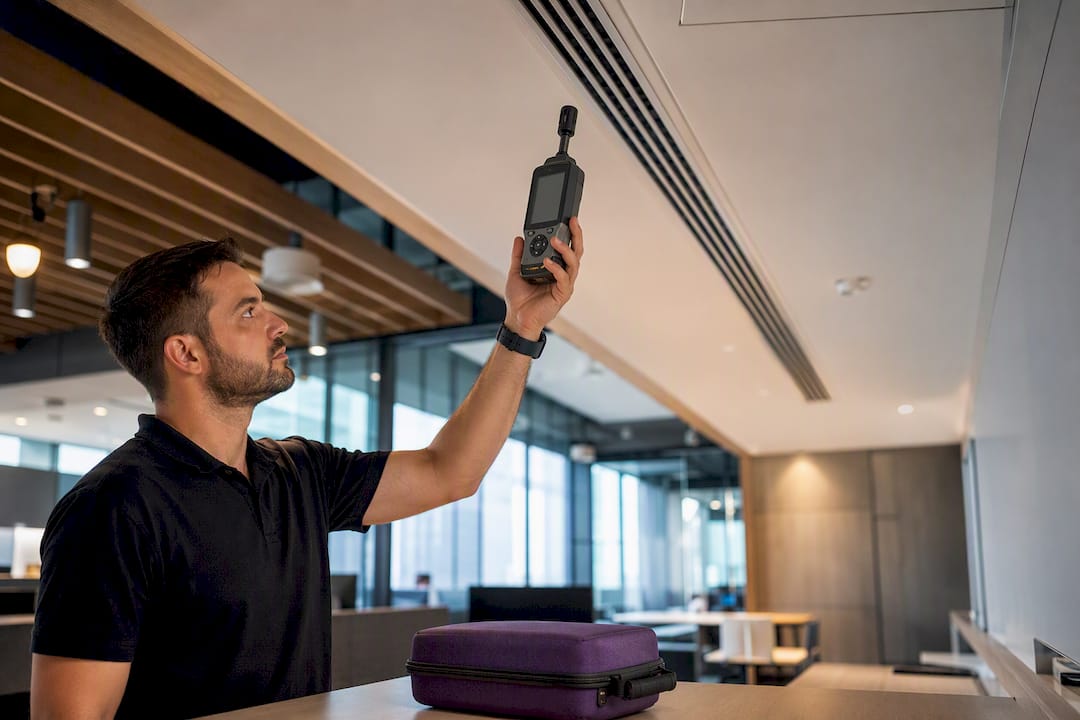 Technician testing air quality in finished fitout