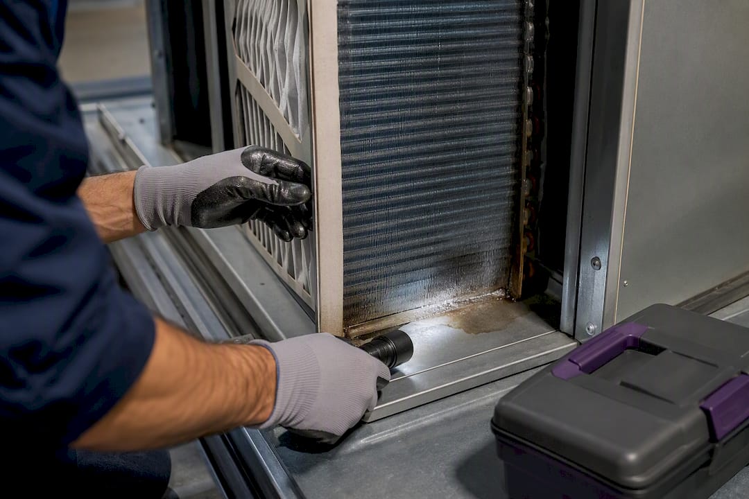 Technician inspecting HVAC filter housing