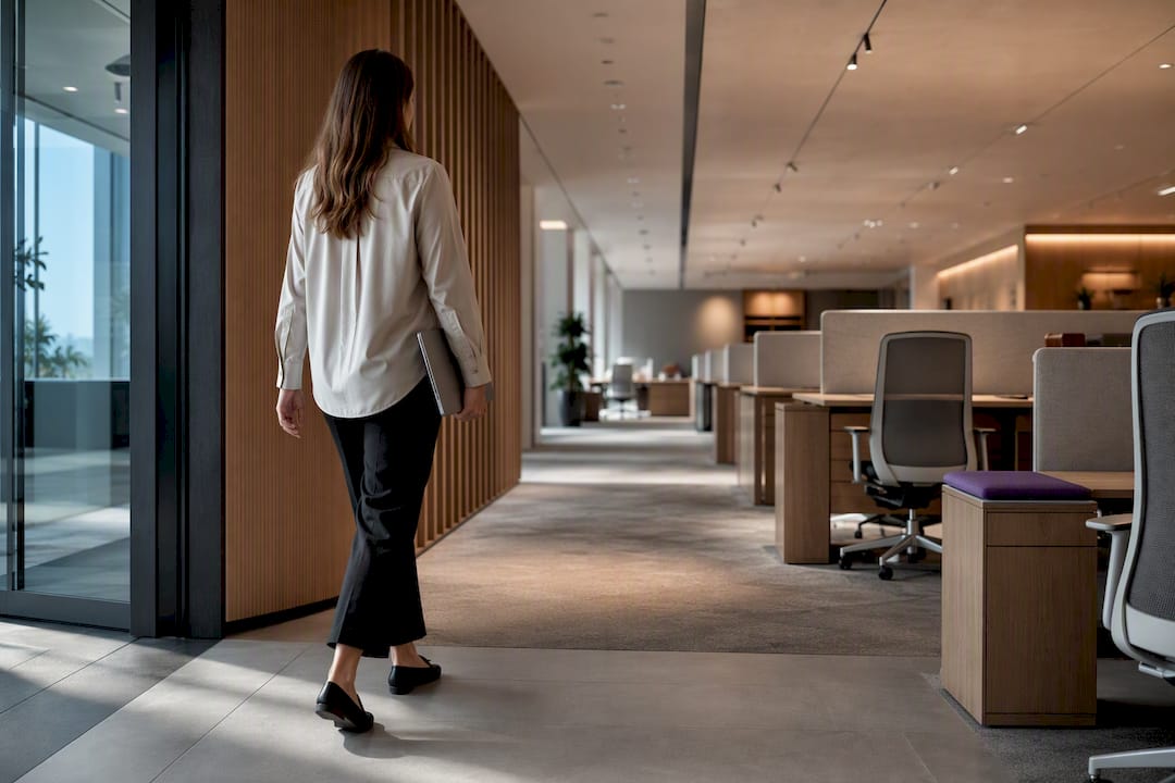Employee arriving at a thoughtfully planned workplace