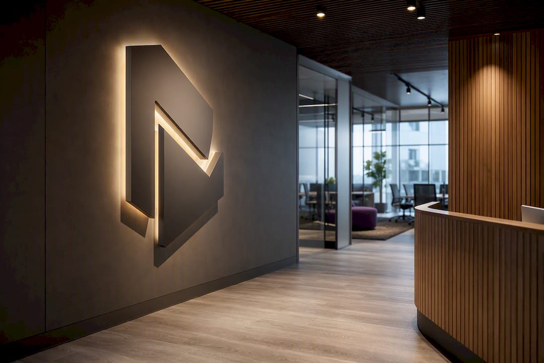 Branded office reception with dimensional signage