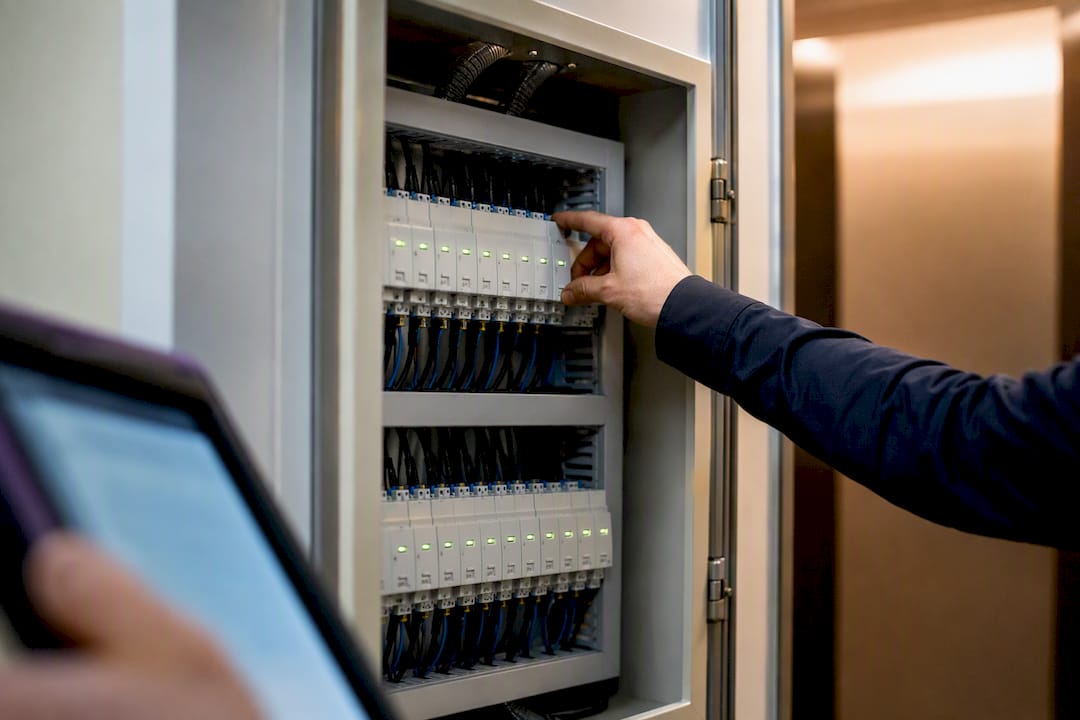 Facilities worker checking office sub-meter cabinet
