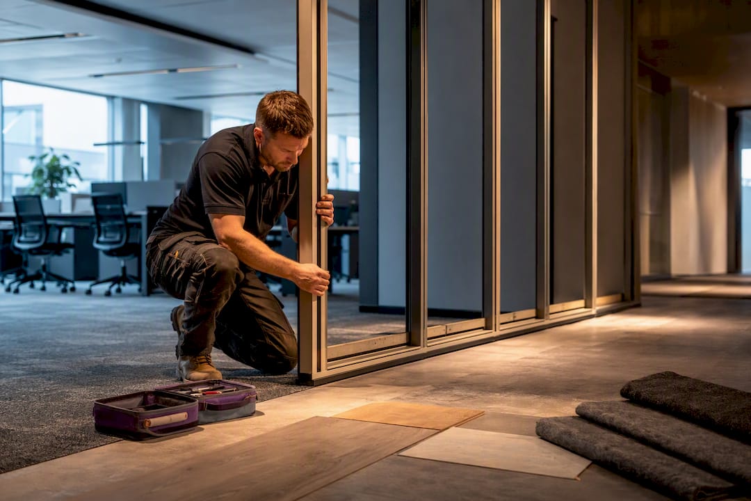 Professional installing office partition during refurbishment
