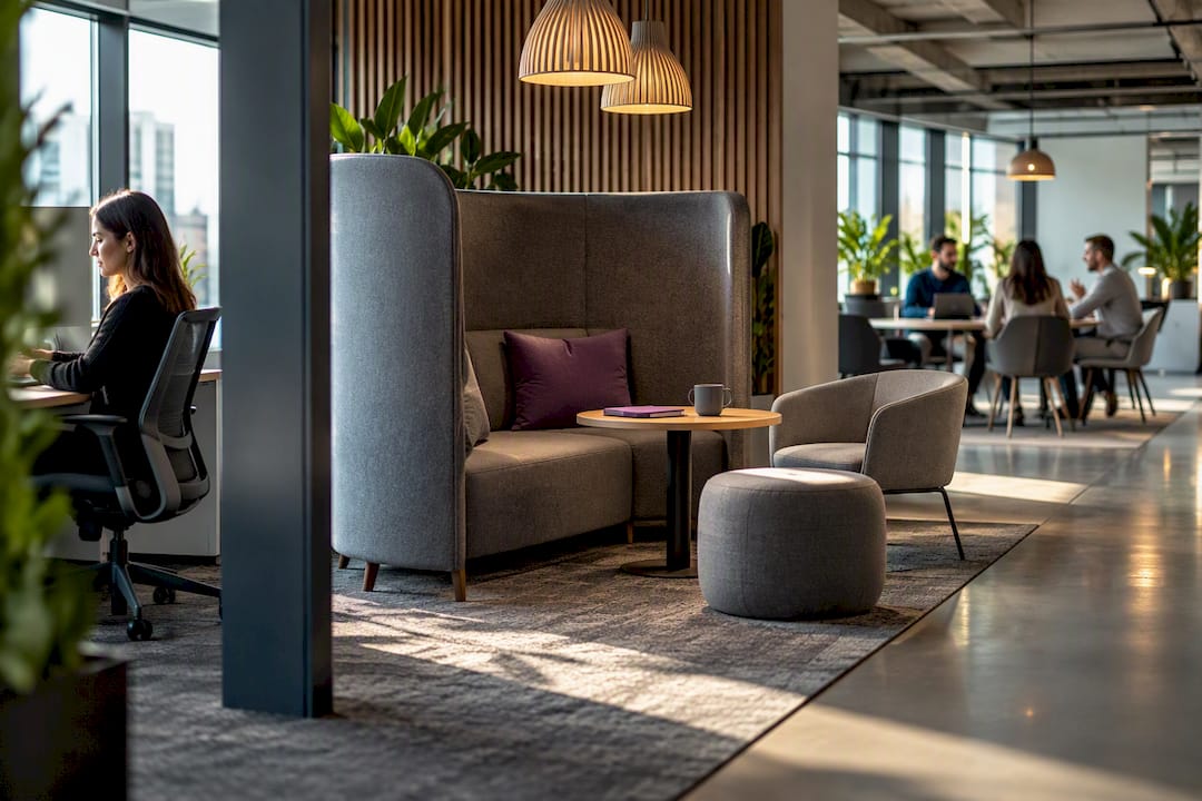 Hybrid office breakout zone with acoustic furniture