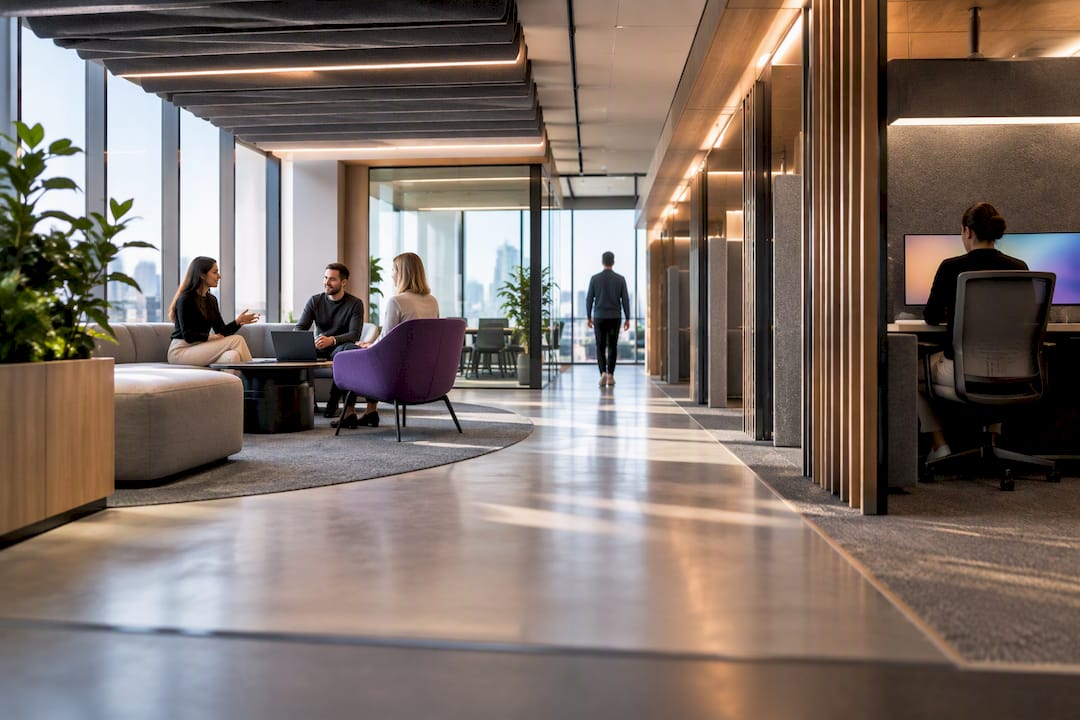 Modern office with acoustic zoning and layered lighting