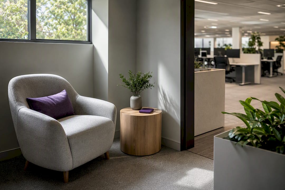 Daylit quiet room with planting in finance workplace