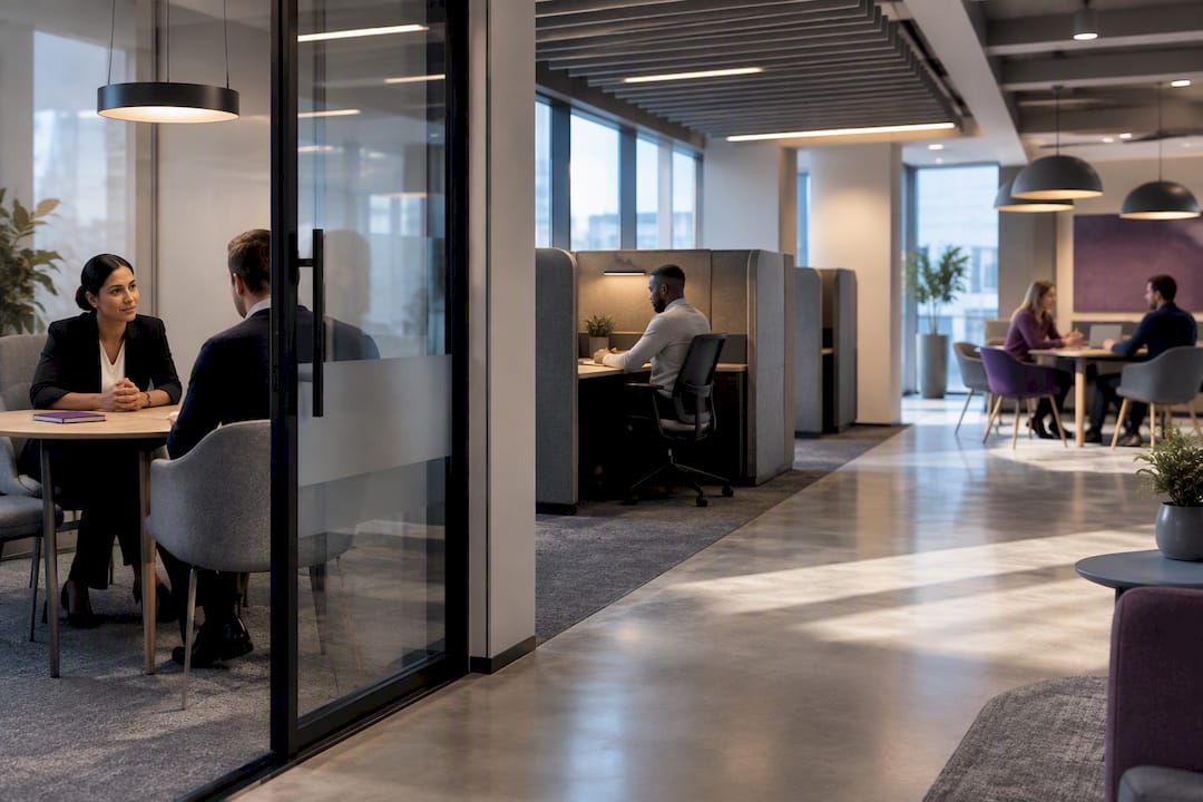 Zoned insurance workplace with private rooms