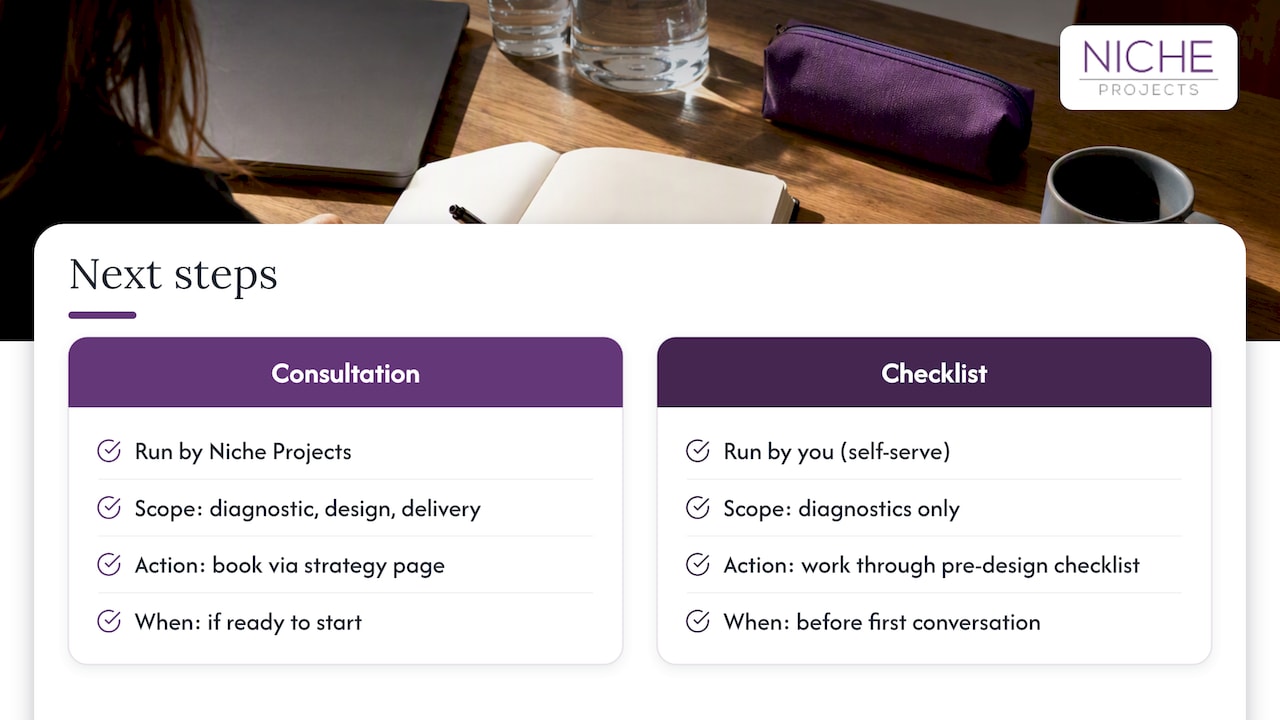 Next step: book a consultation or download a checklist — overview diagram