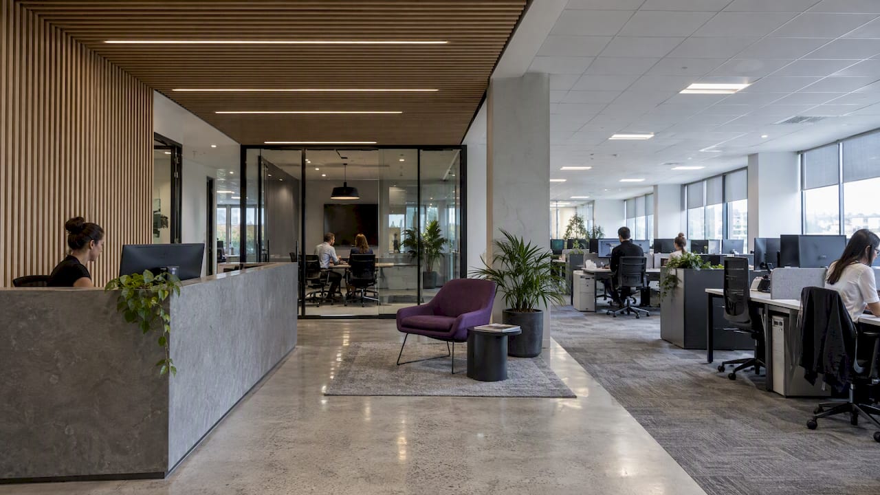 Office interior showing two ceiling solutions
