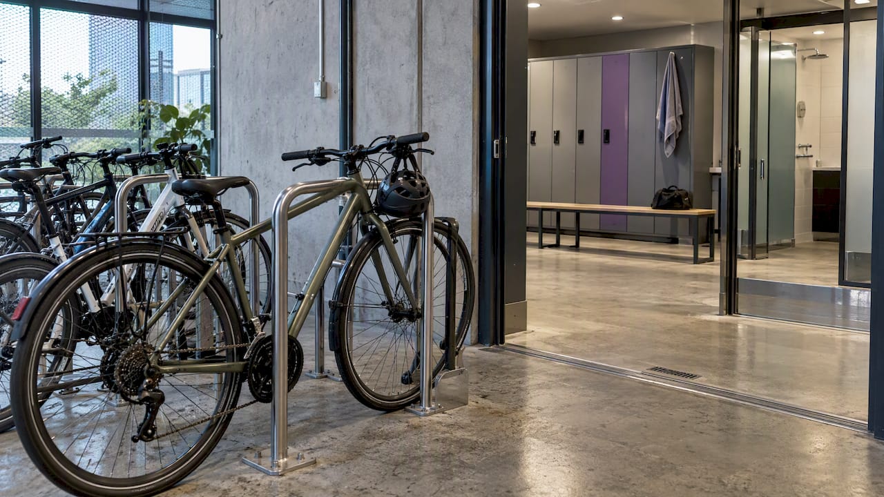 Office bike store beside end-of-trip lockers