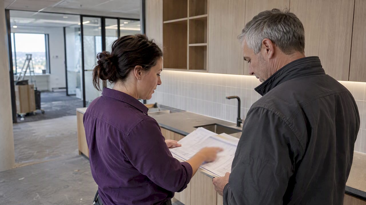 Representatives checking a fitout payment claim onsite