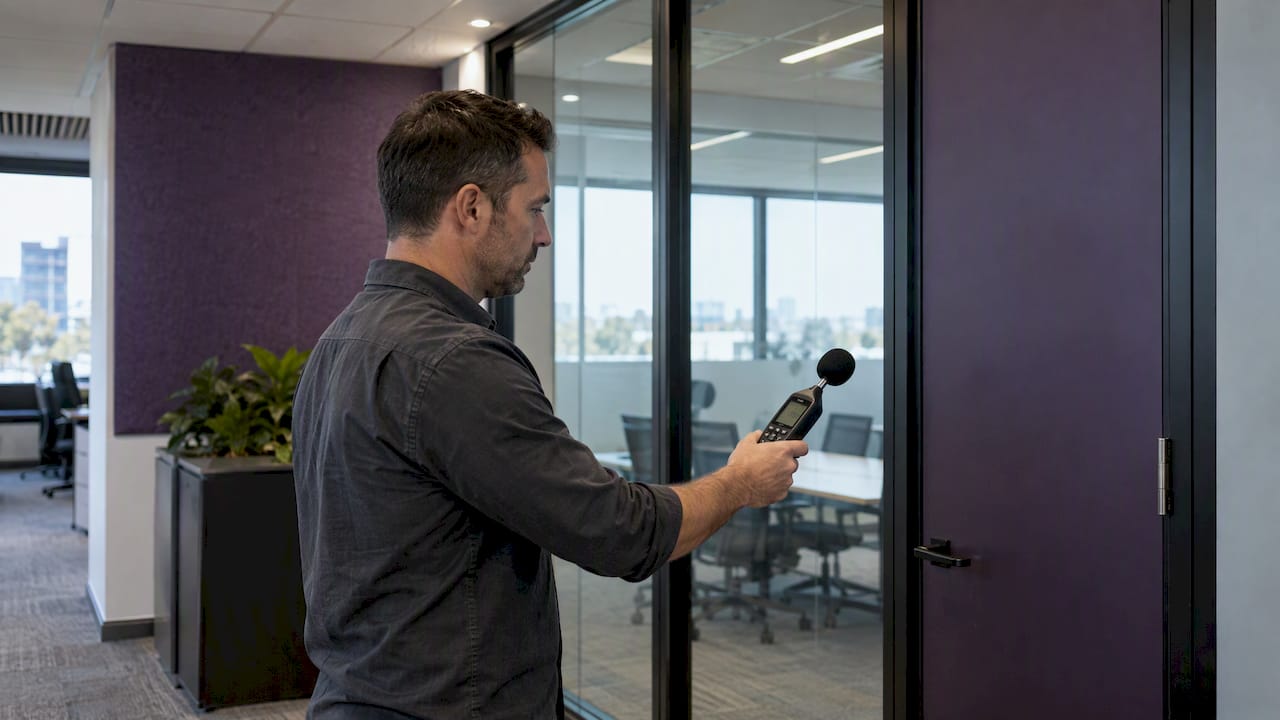 Acoustic consultant measuring a meeting-room partition