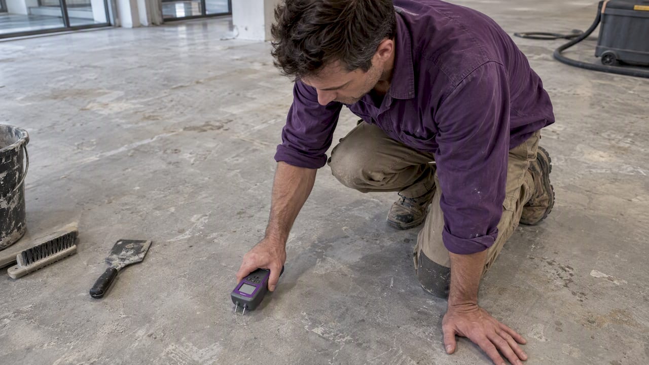 Installer measuring moisture in concrete slab