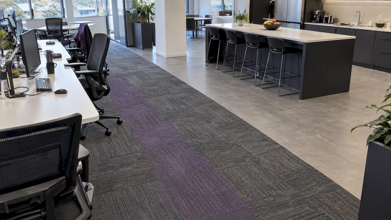 Carpet and vinyl flooring across office zones