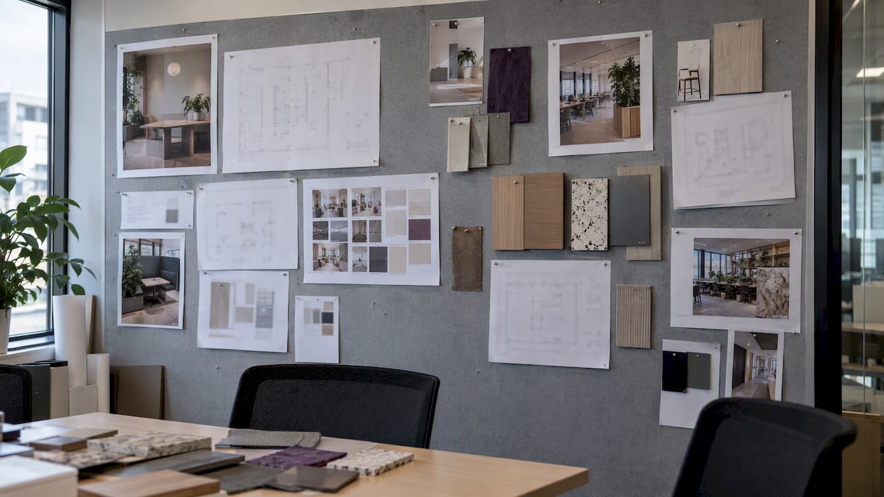 Project artefacts arranged on an office wall