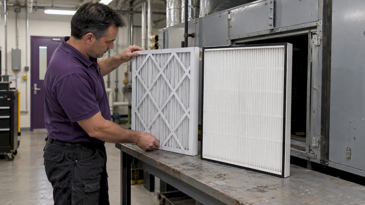 Technician comparing MERV 13 and HEPA filters