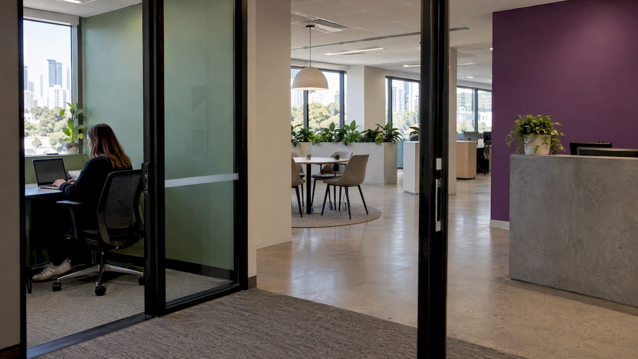 Office interior showing varied, restrained colour zones